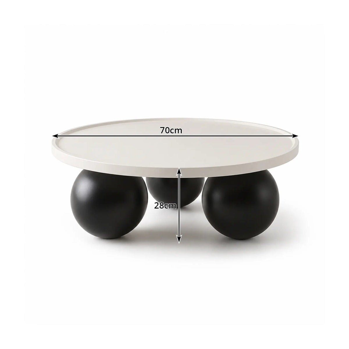 LIVARA Round Coffee Table with Sculptural Ball Legs, Raised Edge Top & Modern Minimalist Design, 70cm/80cm Low Table for Living Room - White & Black