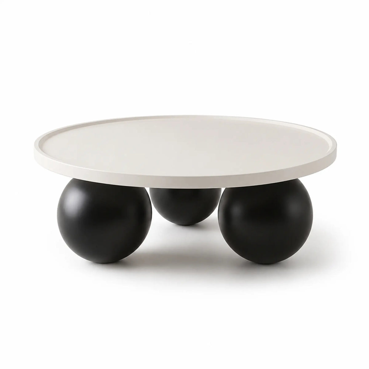 LIVARA Round Coffee Table with Sculptural Ball Legs, Raised Edge Top & Modern Minimalist Design, 70cm/80cm Low Table for Living Room - White & Black