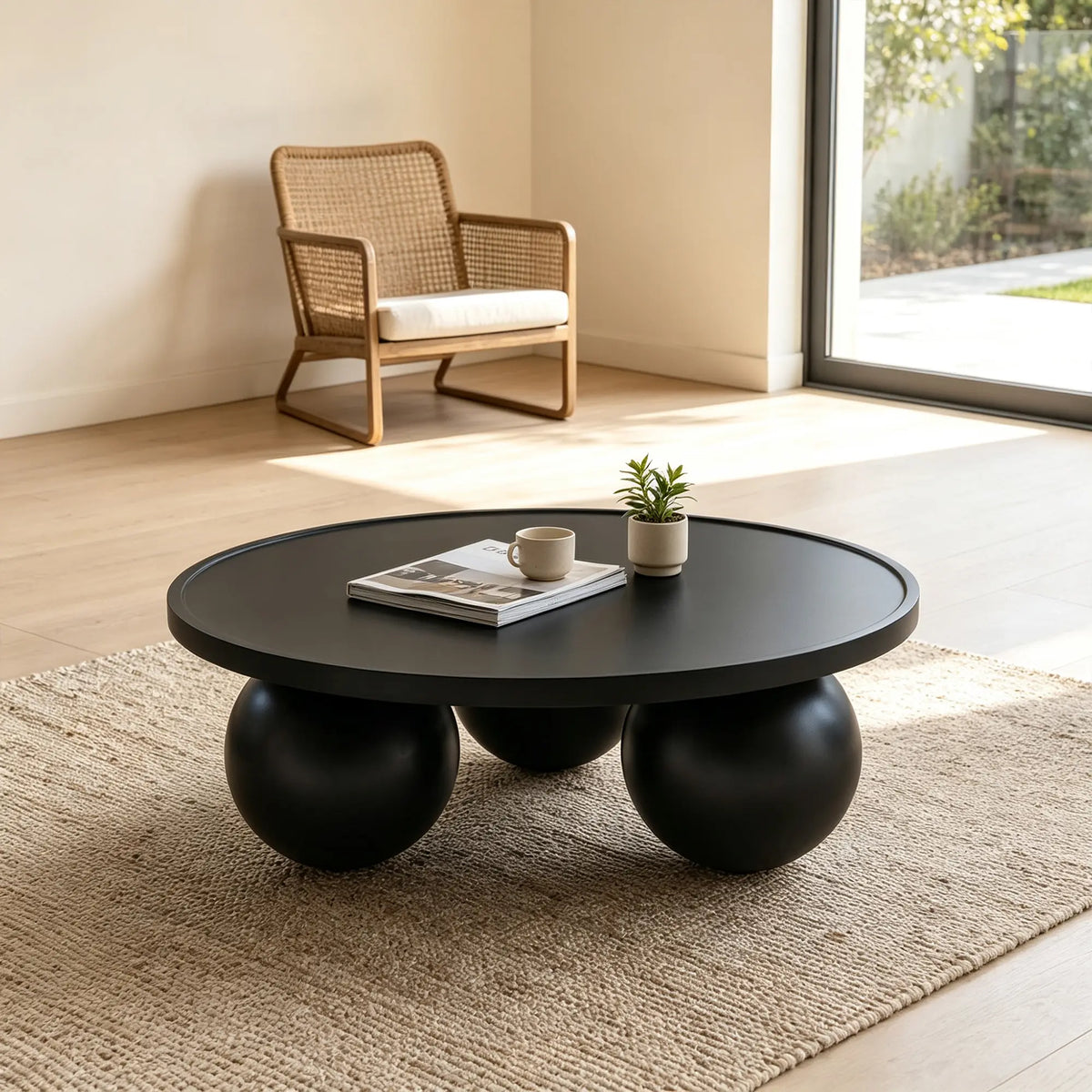 LIVARA Round Coffee Table with Sculptural Ball Legs, Raised Edge Top & Modern Minimalist Design, 70cm/80cm Low Table for Living Room - Black