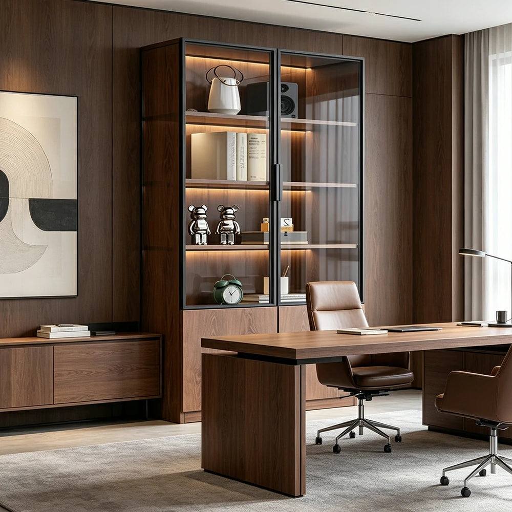 LIVARA 100cm Double Door Cabinet - Tempered Glass Display with Dual Storage Compartments for Living Room - Walnut