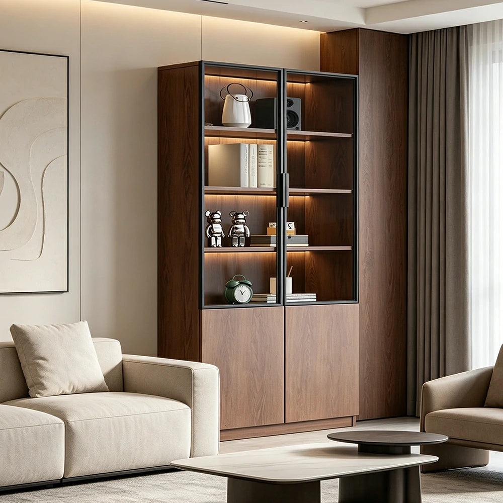 LIVARA 100cm Double Door Cabinet - Tempered Glass Display with Dual Storage Compartments for Living Room - Walnut