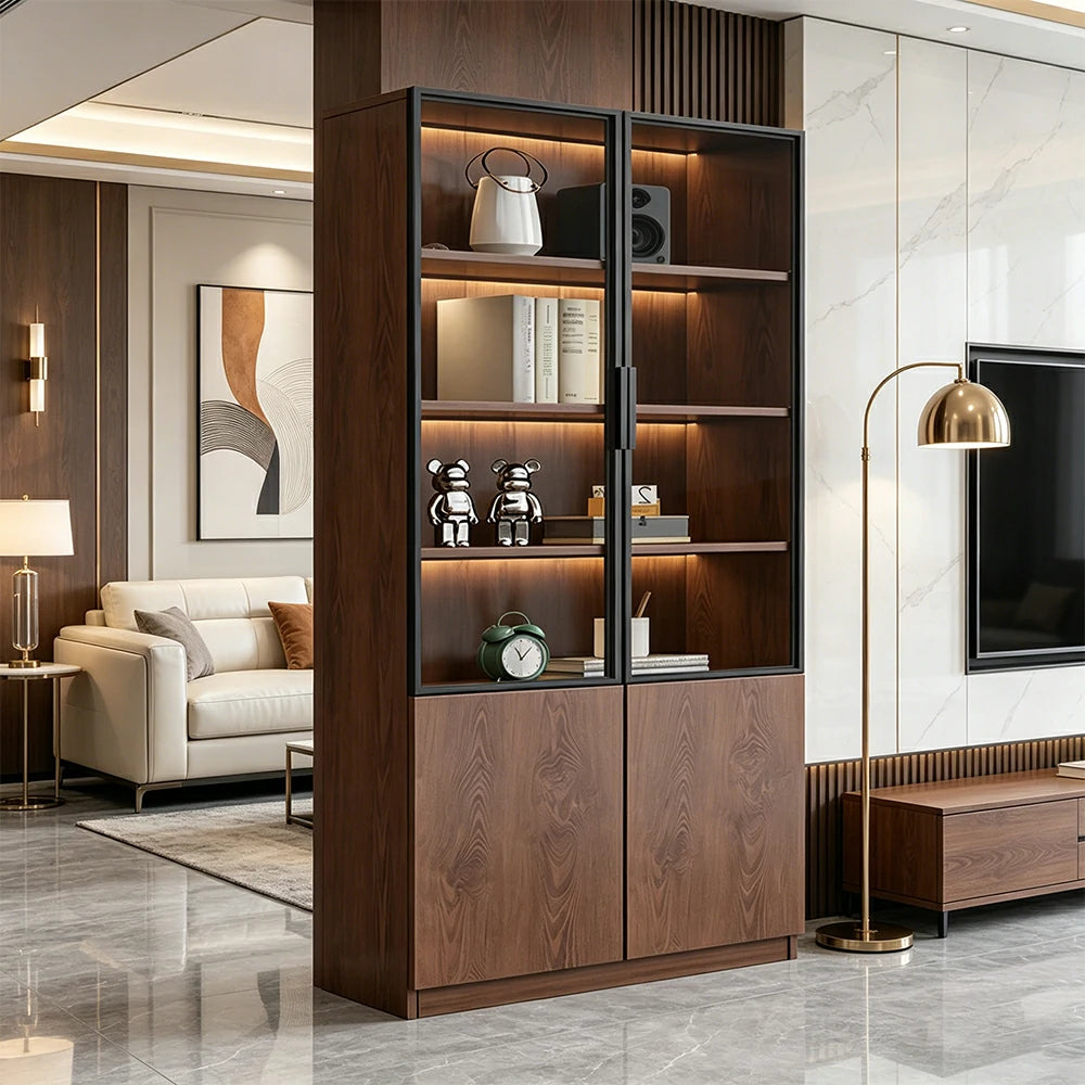 LIVARA 100cm Double Door Cabinet - Tempered Glass Display with Dual Storage Compartments for Living Room - Walnut
