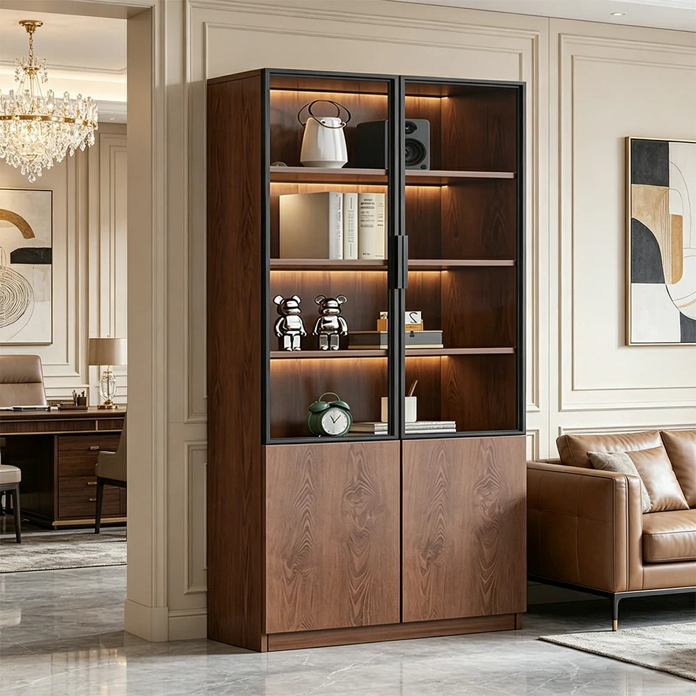 LIVARA 100cm Double Door Cabinet - Tempered Glass Display with Dual Storage Compartments for Living Room - Walnut