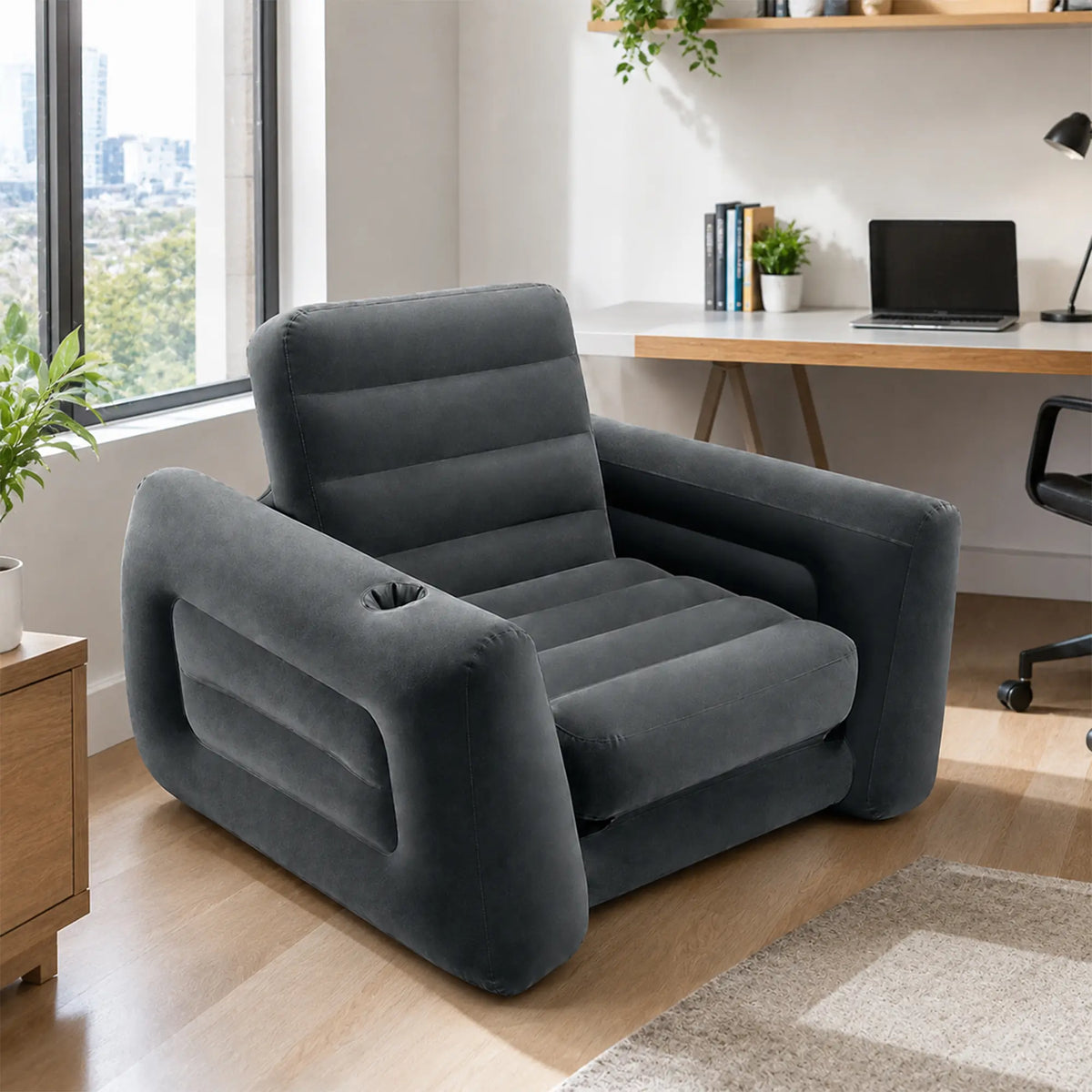LIVARA 2 in 1 Inflatable Sofa Bed with Soft Flocked Surface, Built in Cup Holder, Convertible Single Sleeper Chair with Electric Pump & Repair Kit - Dark Grey