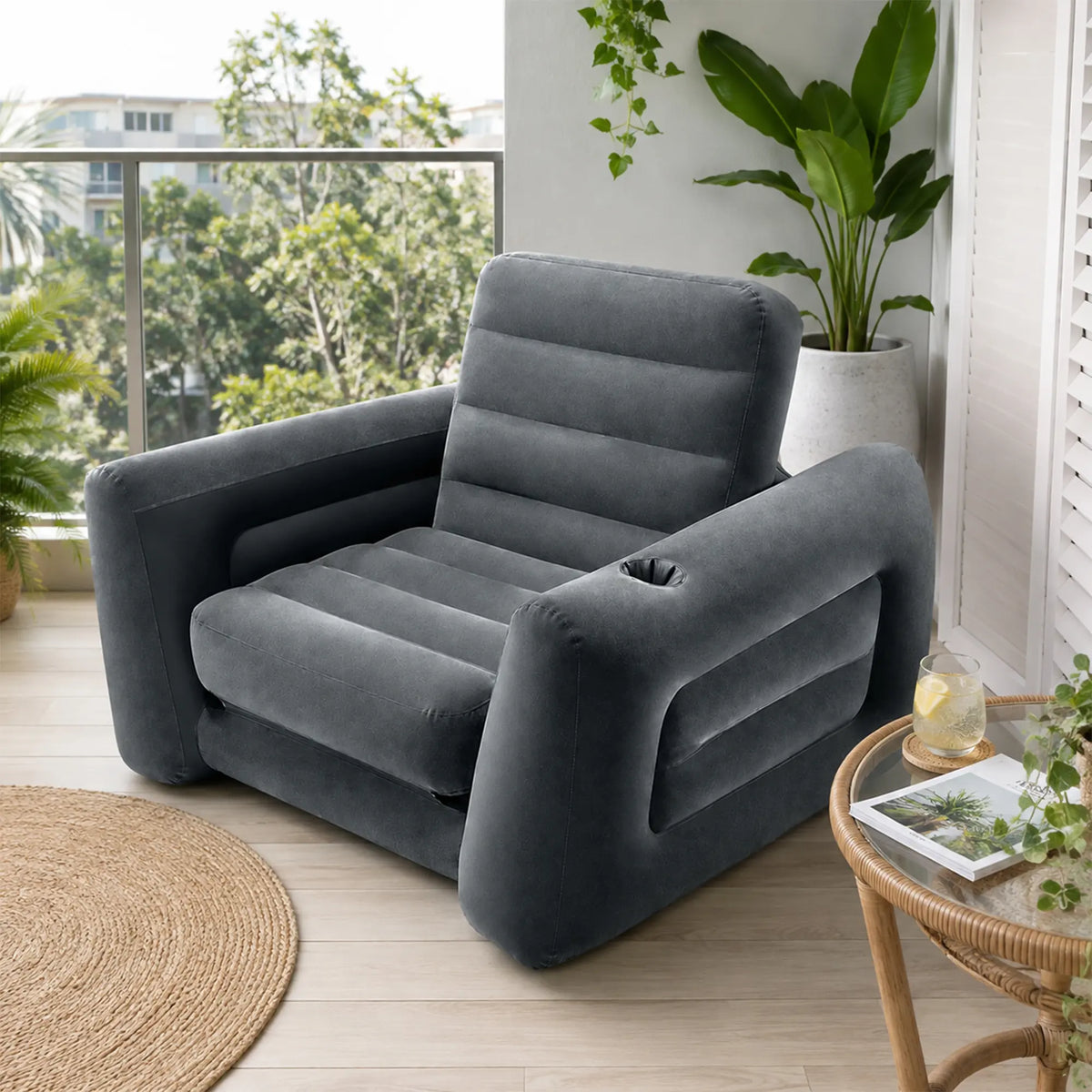 LIVARA 2 in 1 Inflatable Sofa Bed with Soft Flocked Surface, Built in Cup Holder, Convertible Single Sleeper Chair with Electric Pump & Repair Kit - Dark Grey