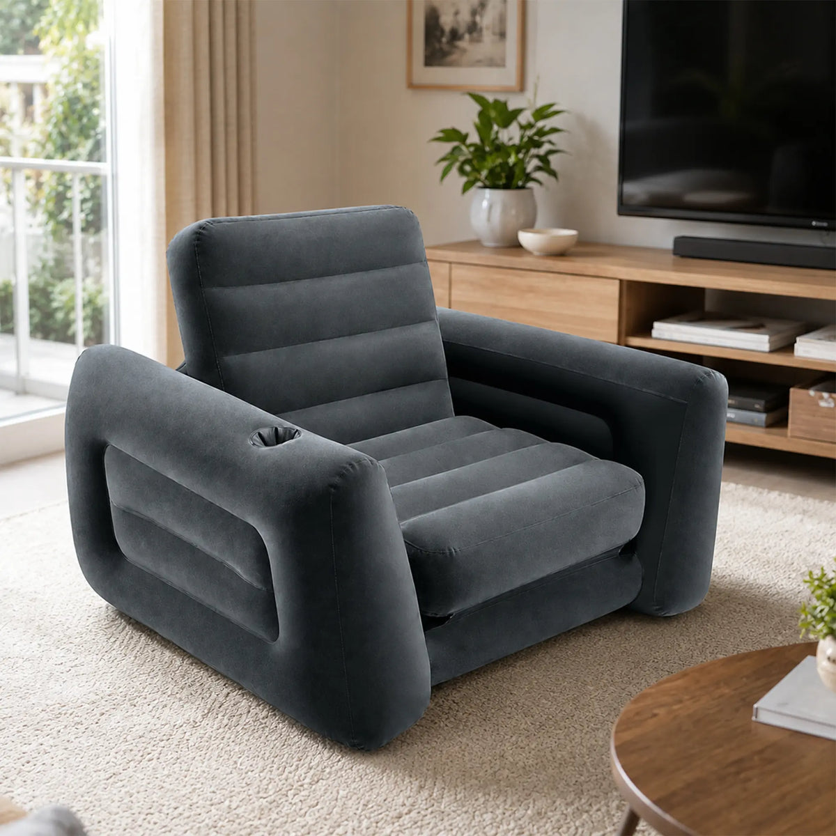 LIVARA 2 in 1 Inflatable Sofa Bed with Soft Flocked Surface, Built in Cup Holder, Convertible Single Sleeper Chair with Electric Pump & Repair Kit - Dark Grey