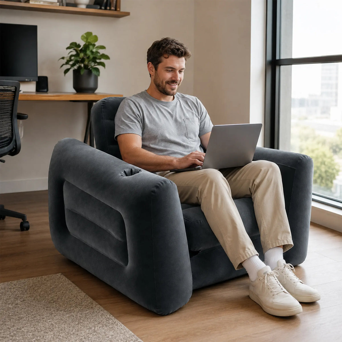 LIVARA 2 in 1 Inflatable Sofa Bed with Soft Flocked Surface, Built in Cup Holder, Convertible Single Sleeper Chair with Electric Pump & Repair Kit - Dark Grey