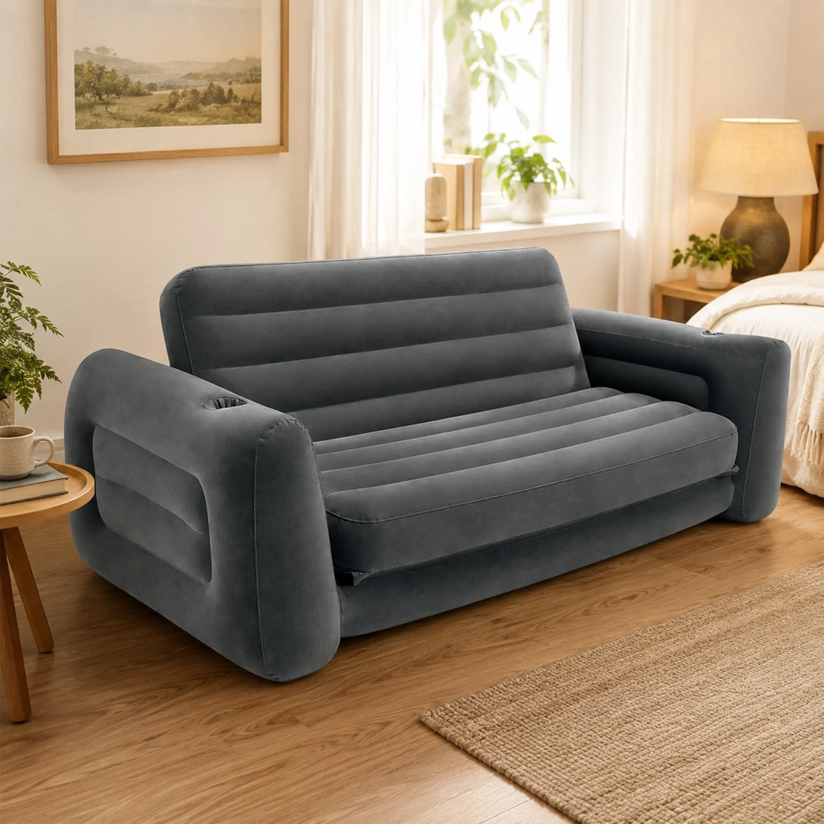 LIVARA 2 Seater Inflatable Sofa Bed with Soft Flocked Surface, Cup Holder & Convertible Design, Electric Pump & Repair Kit Included - Dark Grey