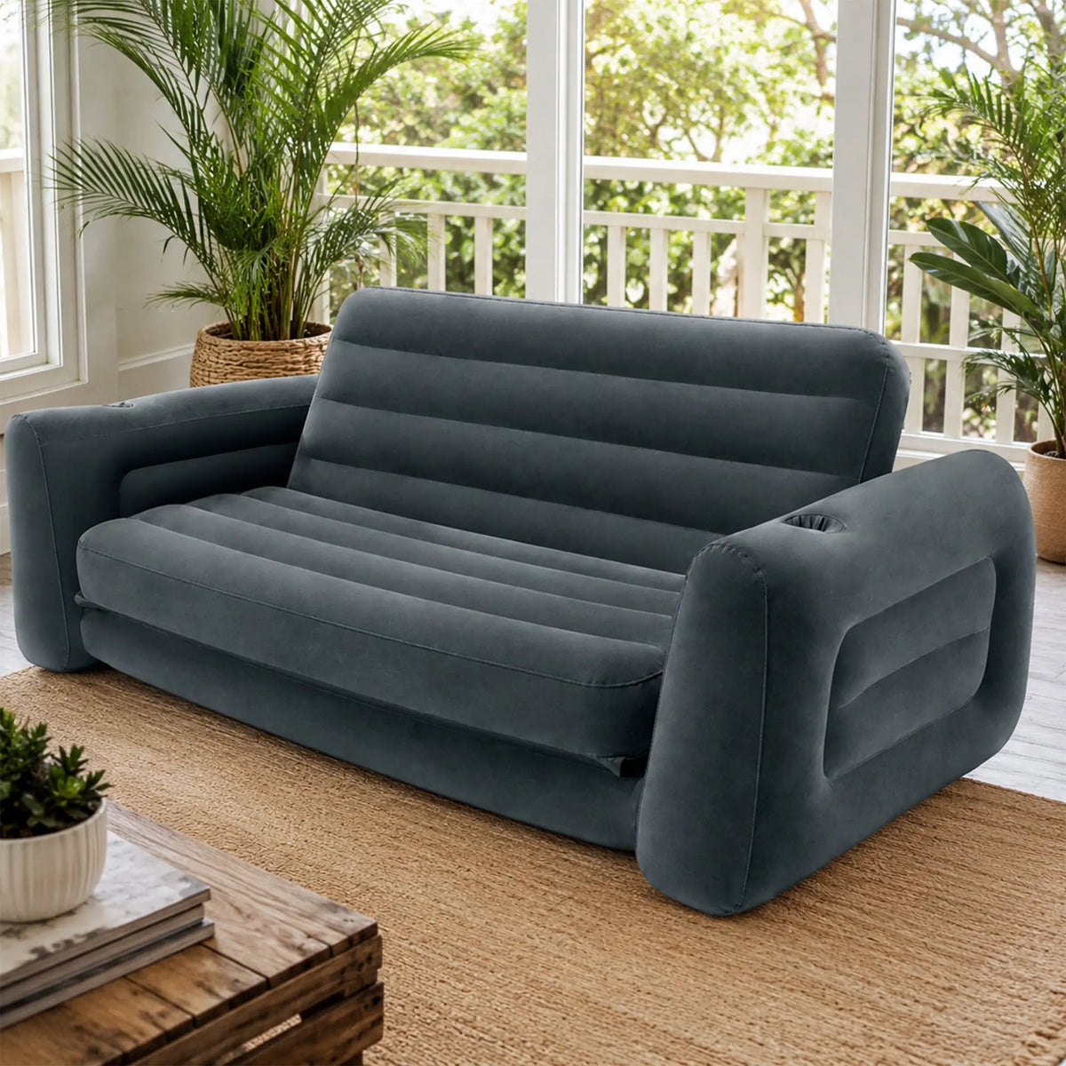 LIVARA 2 Seater Inflatable Sofa Bed with Soft Flocked Surface, Cup Holder & Convertible Design, Electric Pump & Repair Kit Included - Dark Grey