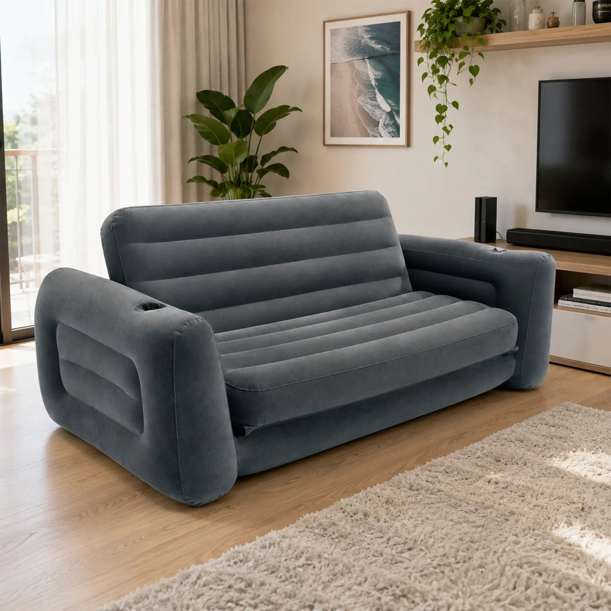 LIVARA 2 Seater Inflatable Sofa Bed with Soft Flocked Surface, Cup Holder & Convertible Design, Electric Pump & Repair Kit Included - Dark Grey