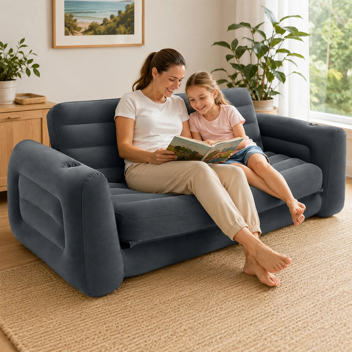 LIVARA 2 Seater Inflatable Sofa Bed with Soft Flocked Surface, Cup Holder & Convertible Design, Electric Pump & Repair Kit Included - Dark Grey