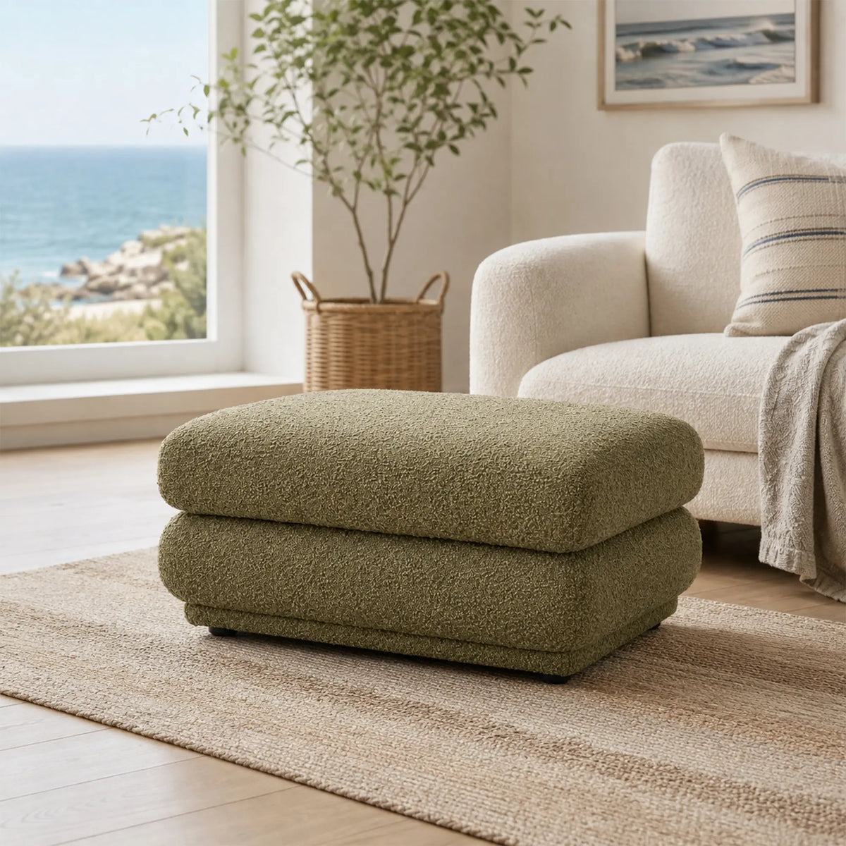 LIVARA Oversized Upholstered Ottoman Footstool with Soft Textured Fabric, High Density Foam & Rounded Design, 93cm Modern Lounge Footrest - Olive Green