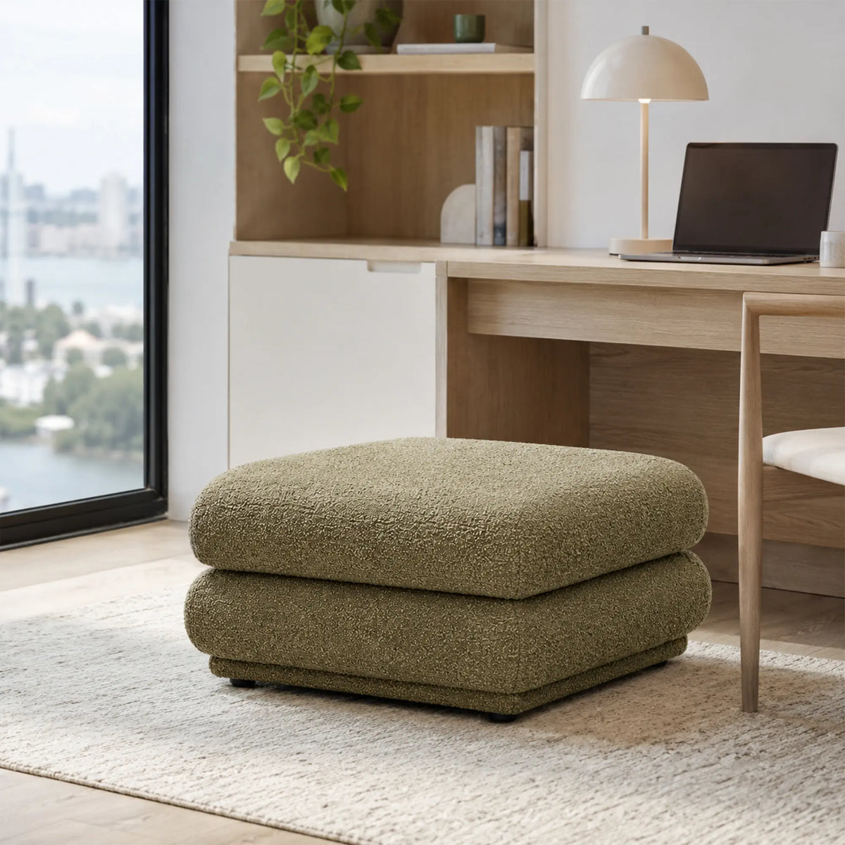 LIVARA Oversized Upholstered Ottoman Footstool with Soft Textured Fabric, High Density Foam & Rounded Design, 93cm Modern Lounge Footrest - Olive Green