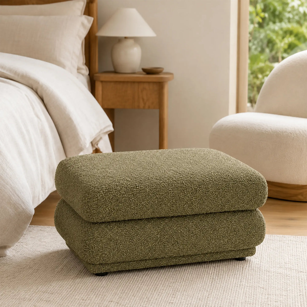 LIVARA Oversized Upholstered Ottoman Footstool with Soft Textured Fabric, High Density Foam & Rounded Design, 93cm Modern Lounge Footrest - Olive Green