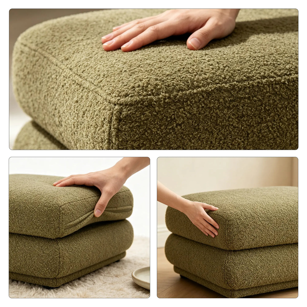 LIVARA Oversized Upholstered Ottoman Footstool with Soft Textured Fabric, High Density Foam & Rounded Design, 93cm Modern Lounge Footrest - Olive Green