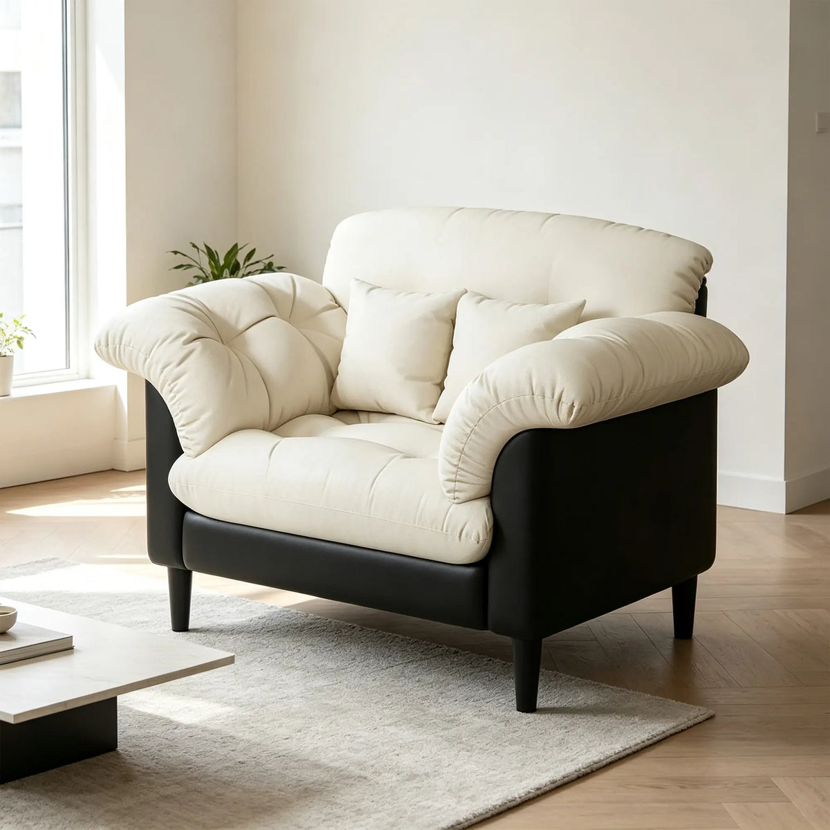 LIVARA 90cm Single Seater Lounge Chair with Scratch Resistant Faux Leather, Deep Seat, Padded Armrests & Cushions, Retro Accent Sofa - Cream & Black