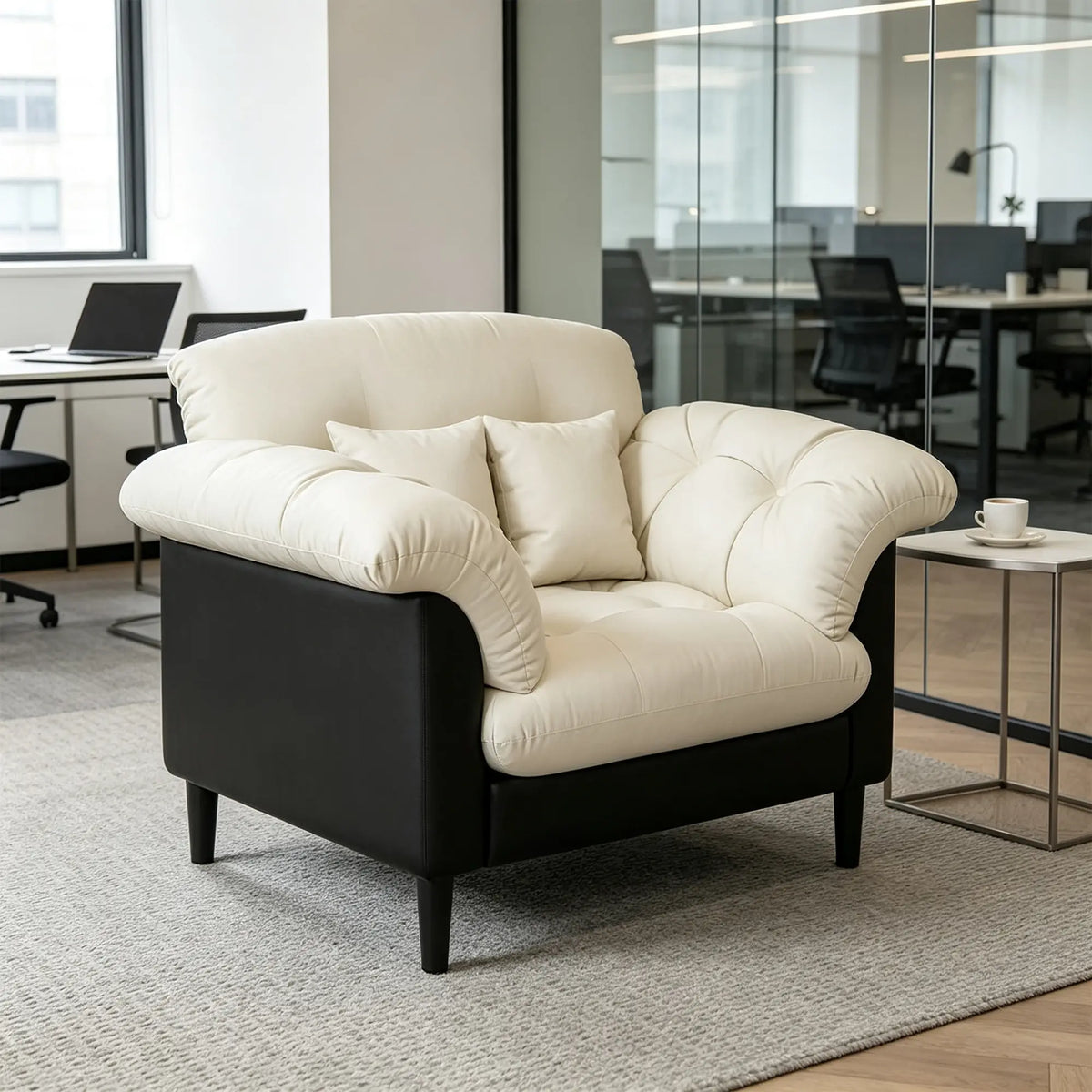 LIVARA 90cm Single Seater Lounge Chair with Scratch Resistant Faux Leather, Deep Seat, Padded Armrests & Cushions, Retro Accent Sofa - Cream & Black