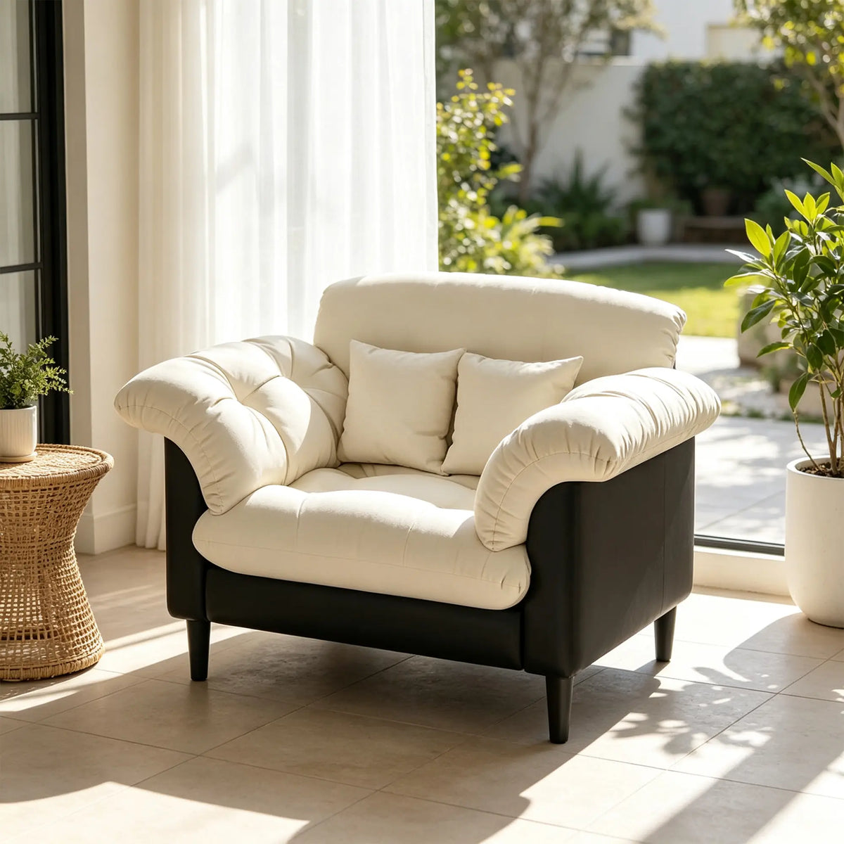 LIVARA 90cm Single Seater Lounge Chair with Scratch Resistant Faux Leather, Deep Seat, Padded Armrests & Cushions, Retro Accent Sofa - Cream & Black