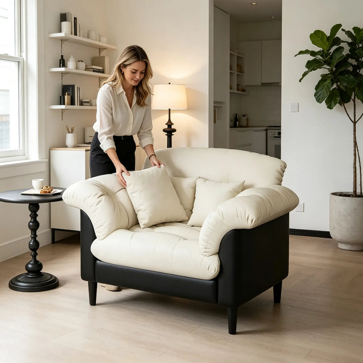 LIVARA 90cm Single Seater Lounge Chair with Scratch Resistant Faux Leather, Deep Seat, Padded Armrests & Cushions, Retro Accent Sofa - Cream & Black