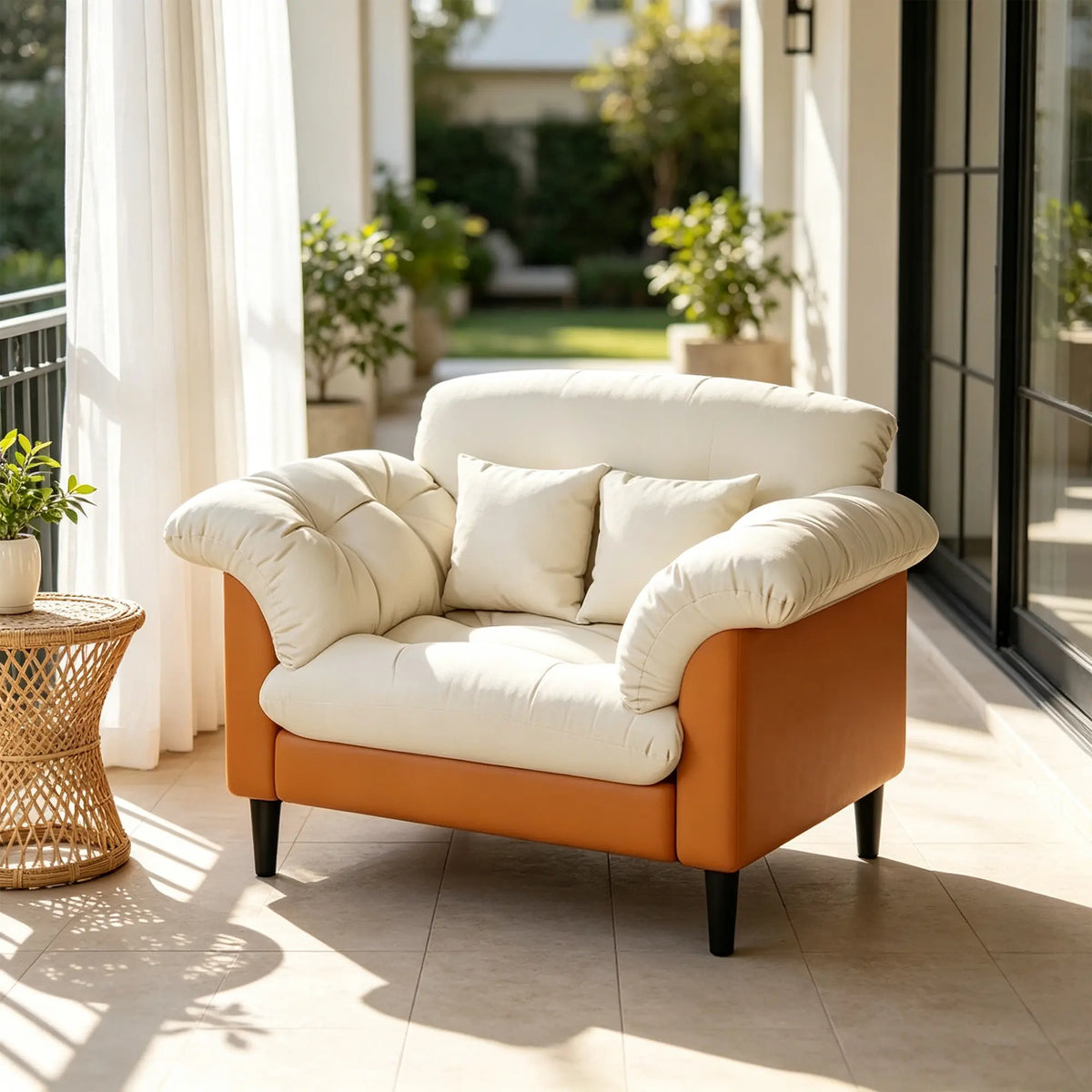 LIVARA 90cm Single Seater Lounge Chair with Scratch Resistant Faux Leather, Deep Seat, Padded Armrests & Cushions, Retro Accent Sofa - Cream & Orange