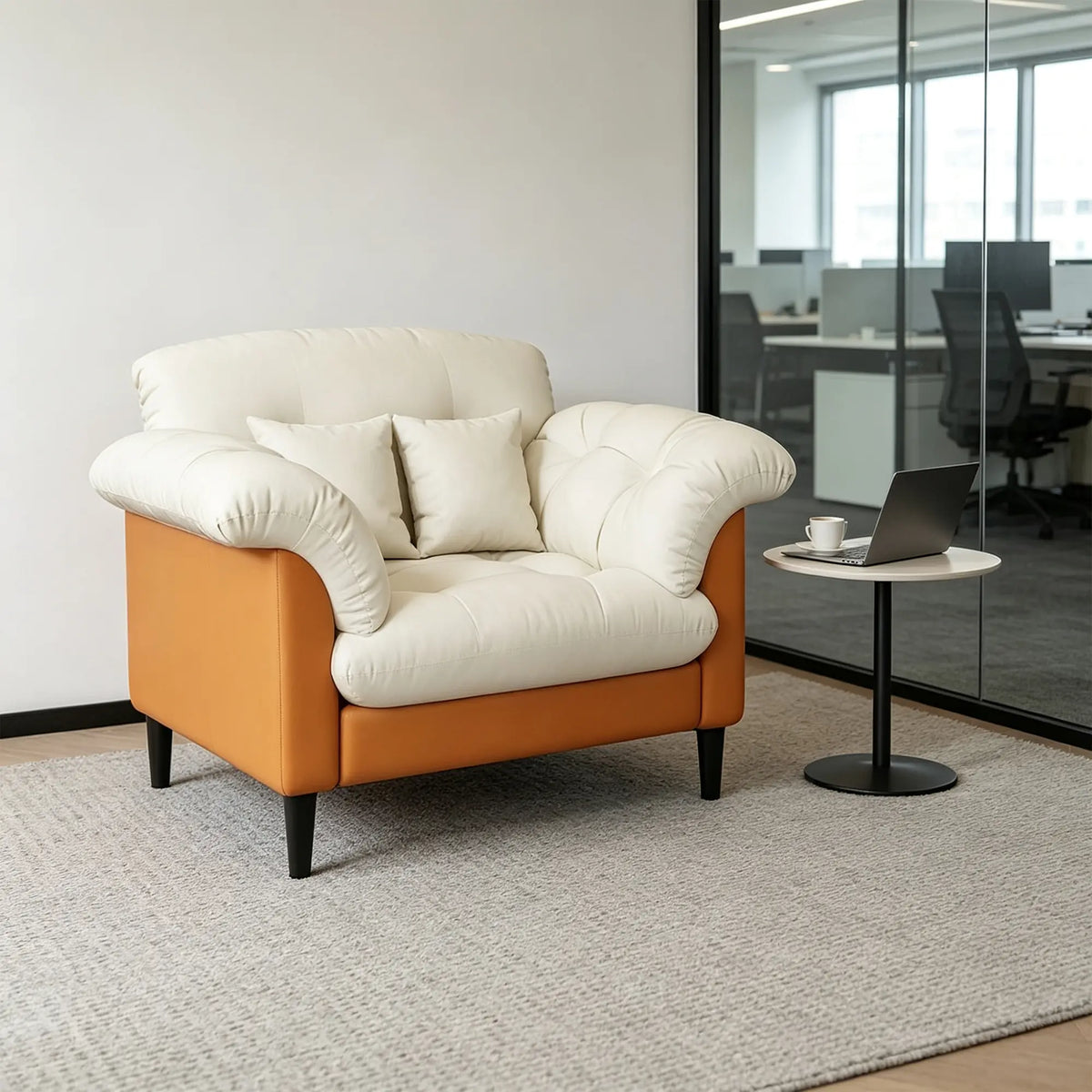 LIVARA 90cm Single Seater Lounge Chair with Scratch Resistant Faux Leather, Deep Seat, Padded Armrests & Cushions, Retro Accent Sofa - Cream & Orange