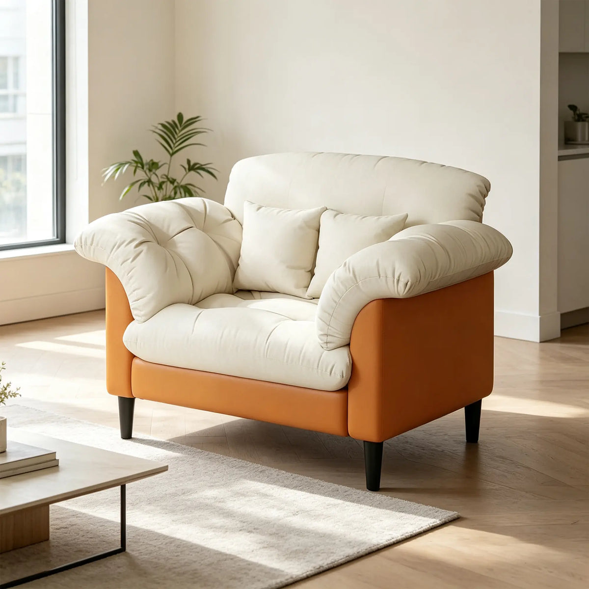 LIVARA 90cm Single Seater Lounge Chair with Scratch Resistant Faux Leather, Deep Seat, Padded Armrests & Cushions, Retro Accent Sofa - Cream & Orange