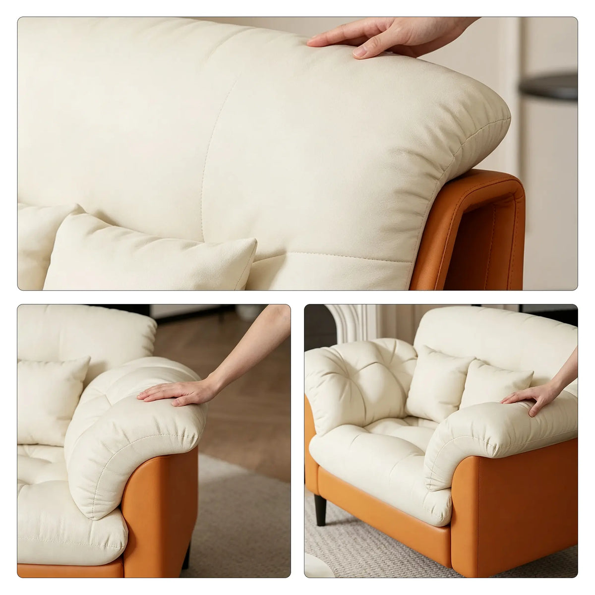 LIVARA 90cm Single Seater Lounge Chair with Scratch Resistant Faux Leather, Deep Seat, Padded Armrests & Cushions, Retro Accent Sofa - Cream & Orange