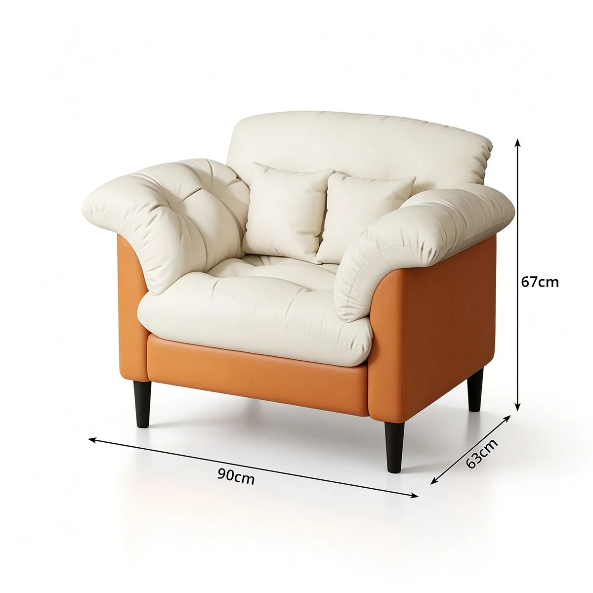 LIVARA 90cm Single Seater Lounge Chair with Scratch Resistant Faux Leather, Deep Seat, Padded Armrests & Cushions, Retro Accent Sofa - Cream & Orange