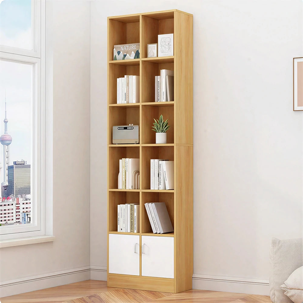 LIVARA Nordic Maple Bookcase 60/70cm - Multi-Tier Storage Cabinet with Doors & Back Panel for Living Room - Wood