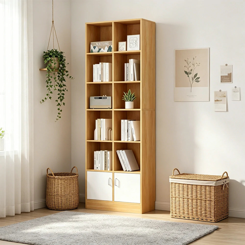 LIVARA Nordic Maple Bookcase 60/70cm - Multi-Tier Storage Cabinet with Doors & Back Panel for Living Room - Wood