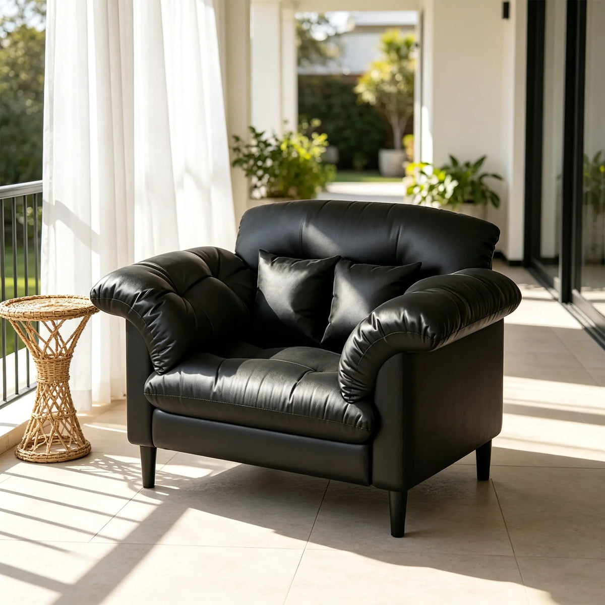 LIVARA 90cm Single Seater Lounge Chair with Scratch Resistant Faux Leather, Deep Seat, Padded Armrests & Cushions, Retro Accent Sofa - Black