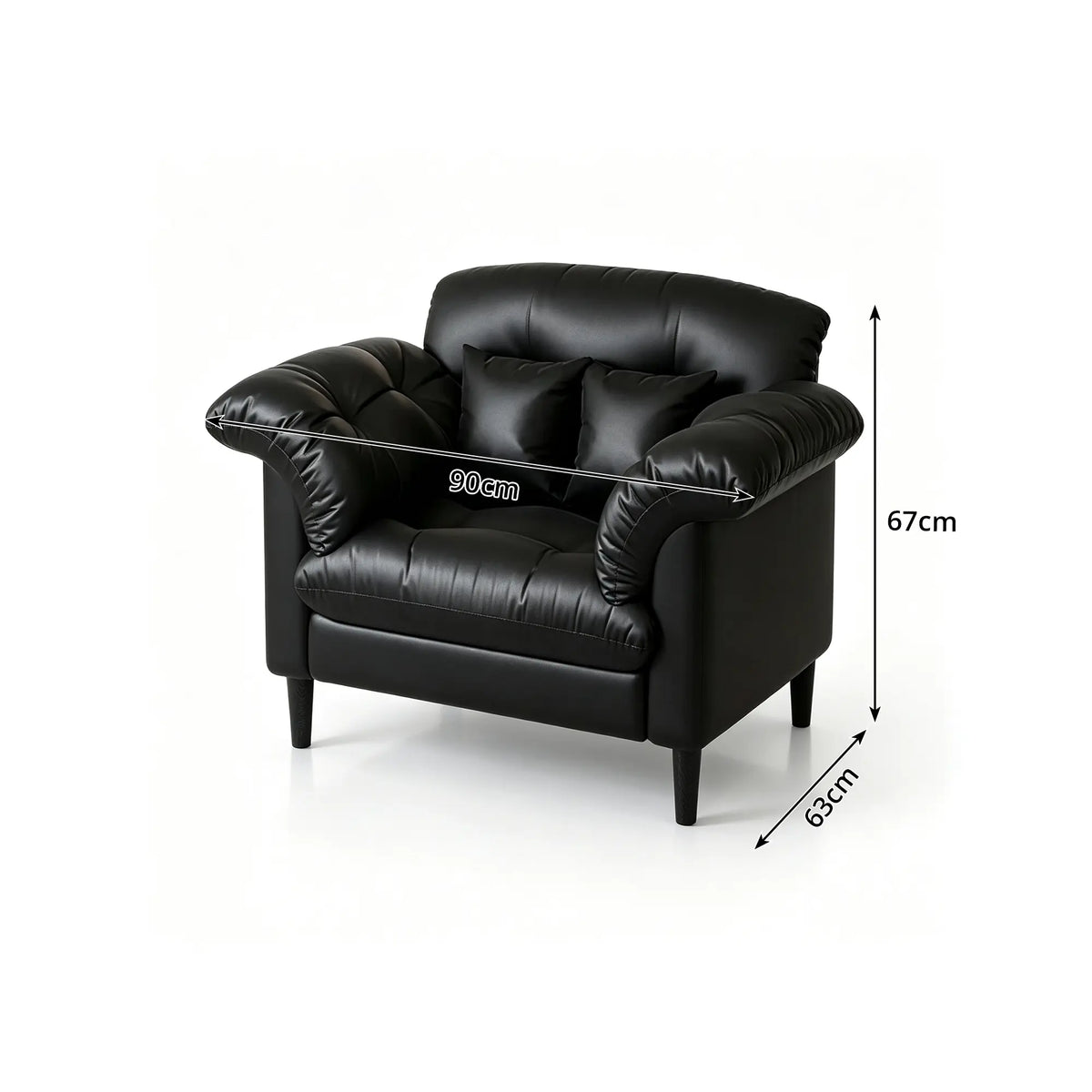 LIVARA 90cm Single Seater Lounge Chair with Scratch Resistant Faux Leather, Deep Seat, Padded Armrests & Cushions, Retro Accent Sofa - Black