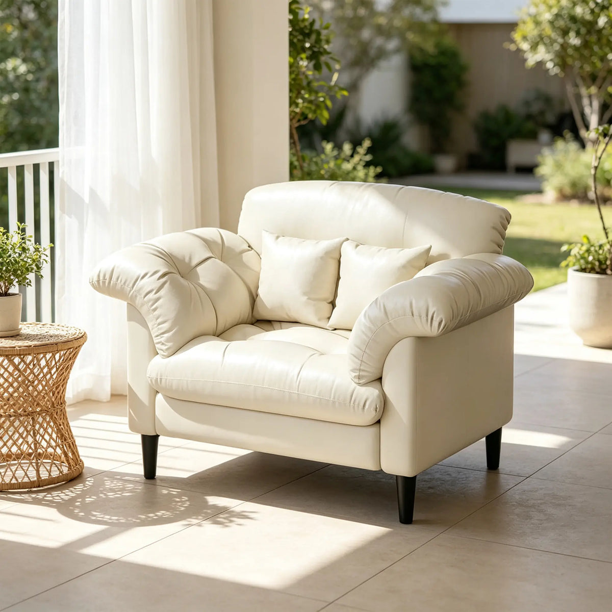 LIVARA 90cm Single Seater Lounge Chair with Scratch Resistant Faux Leather, Deep Seat, Padded Armrests & Cushions, Retro Accent Sofa - Beige