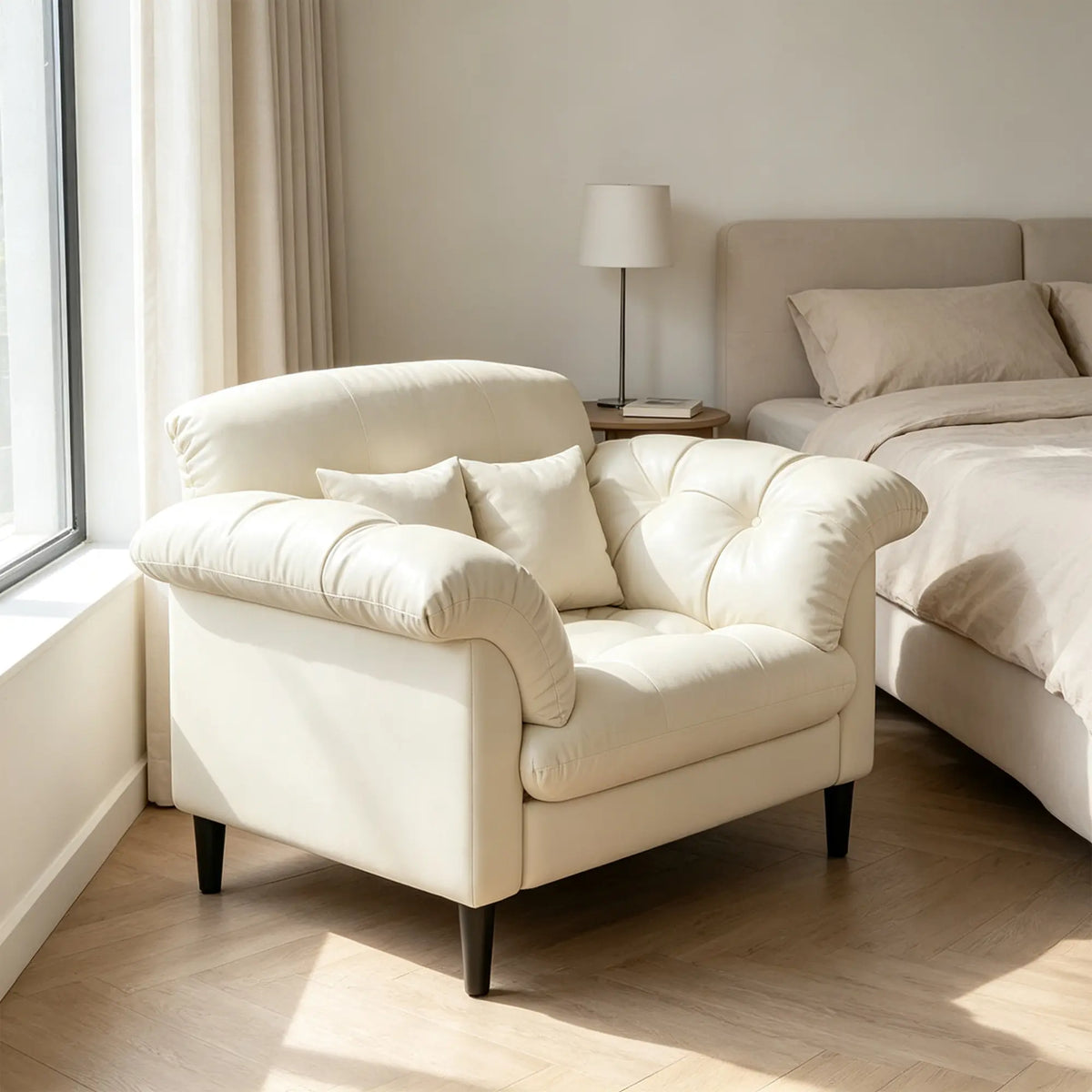 LIVARA 90cm Single Seater Lounge Chair with Scratch Resistant Faux Leather, Deep Seat, Padded Armrests & Cushions, Retro Accent Sofa - Beige