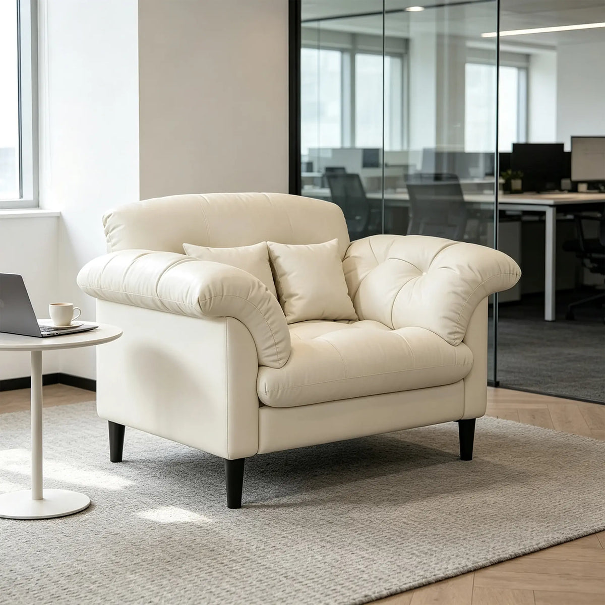 LIVARA 90cm Single Seater Lounge Chair with Scratch Resistant Faux Leather, Deep Seat, Padded Armrests & Cushions, Retro Accent Sofa - Beige