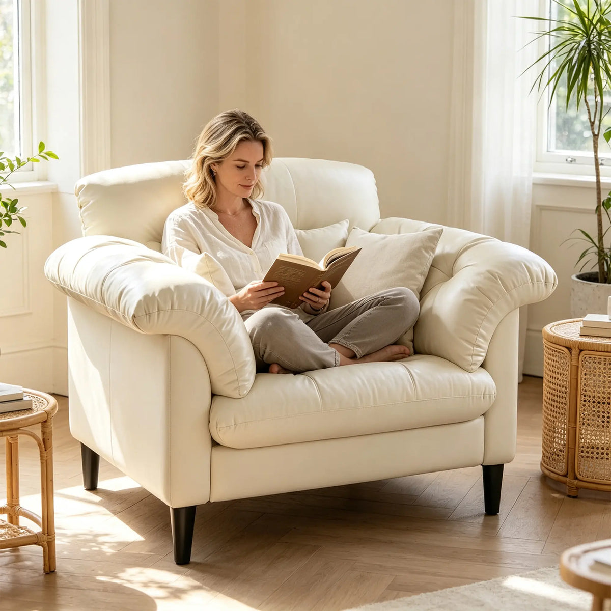 LIVARA 90cm Single Seater Lounge Chair with Scratch Resistant Faux Leather, Deep Seat, Padded Armrests & Cushions, Retro Accent Sofa - Beige