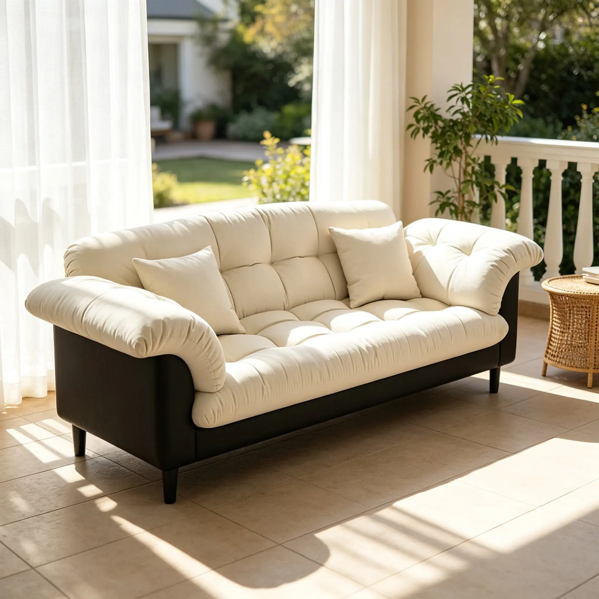 LIVARA 123/173cm Retro 2 Seater Sofa with Scratch Resistant Faux Leather, Deep Seat, Padded Armrests & Cushions - Cream & Black
