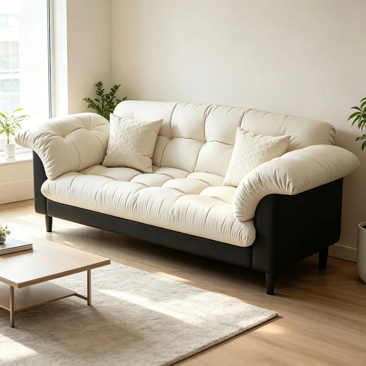 LIVARA 123/173cm Retro 2 Seater Sofa with Scratch Resistant Faux Leather, Deep Seat, Padded Armrests & Cushions - Cream & Black