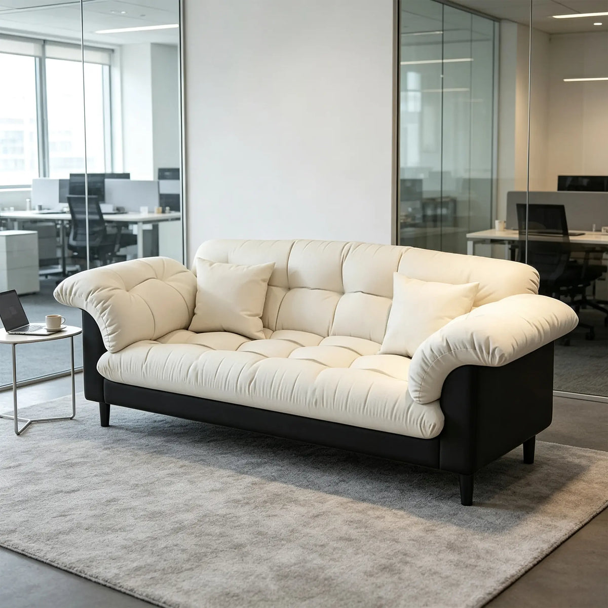 LIVARA 123/173cm Retro 2 Seater Sofa with Scratch Resistant Faux Leather, Deep Seat, Padded Armrests & Cushions - Cream & Black
