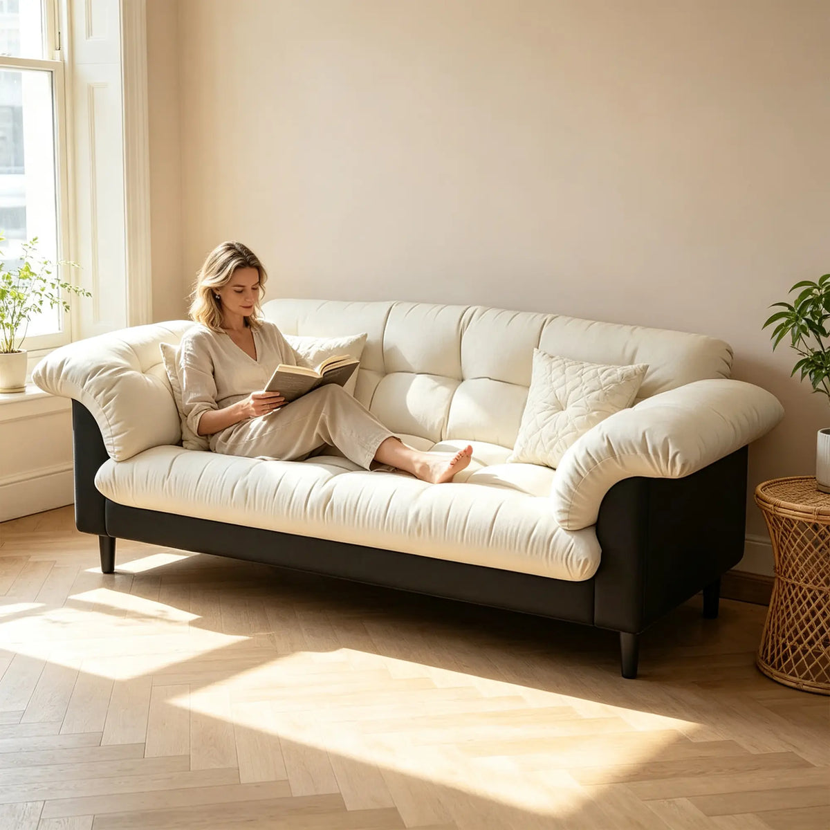 LIVARA 123/173cm Retro 2 Seater Sofa with Scratch Resistant Faux Leather, Deep Seat, Padded Armrests & Cushions - Cream & Black