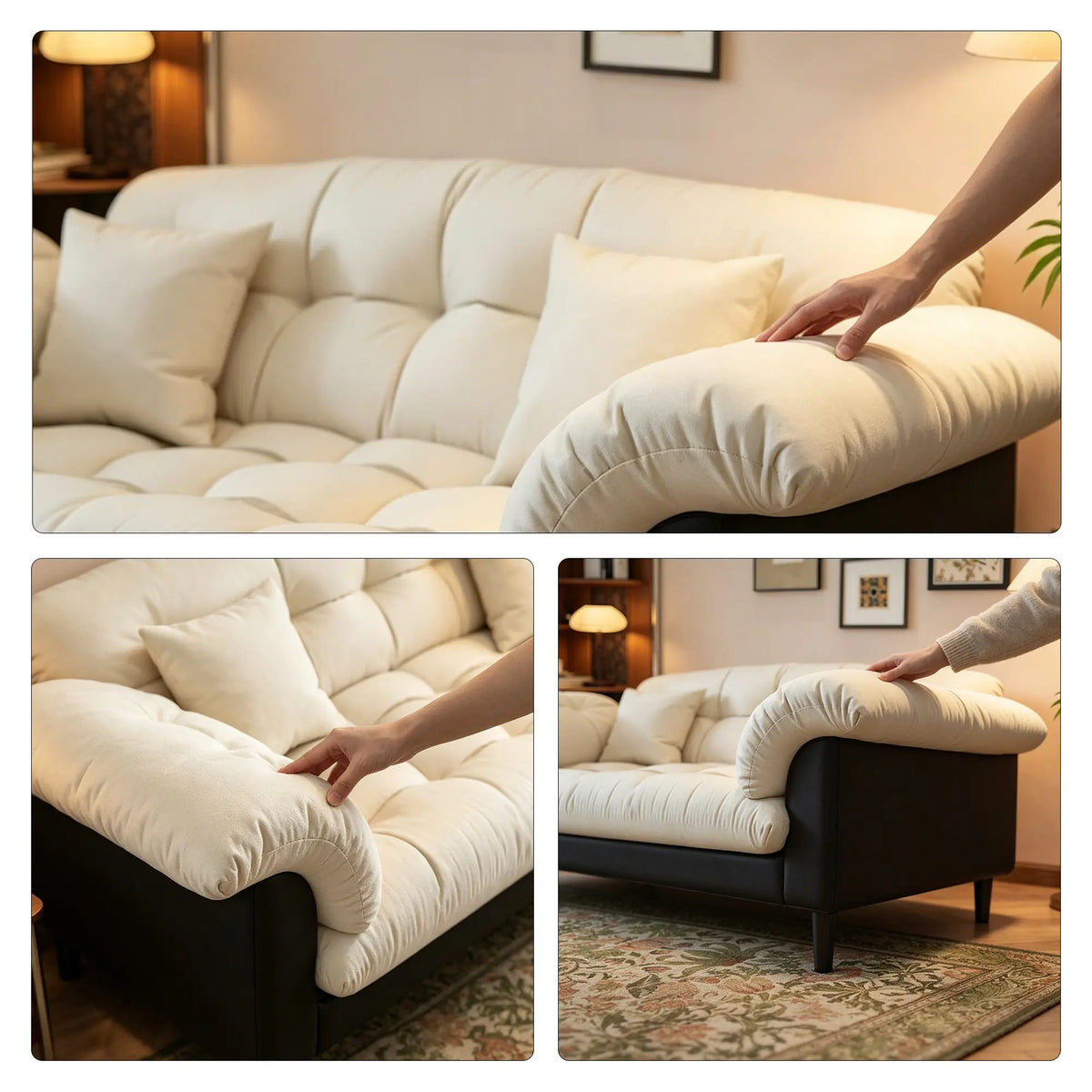 LIVARA 123/173cm Retro 2 Seater Sofa with Scratch Resistant Faux Leather, Deep Seat, Padded Armrests & Cushions - Cream & Black