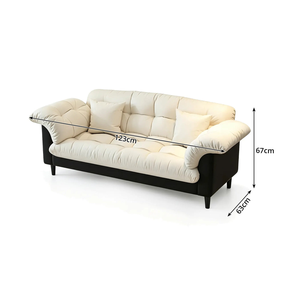 LIVARA 123/173cm Retro 2 Seater Sofa with Scratch Resistant Faux Leather, Deep Seat, Padded Armrests & Cushions - Cream & Black