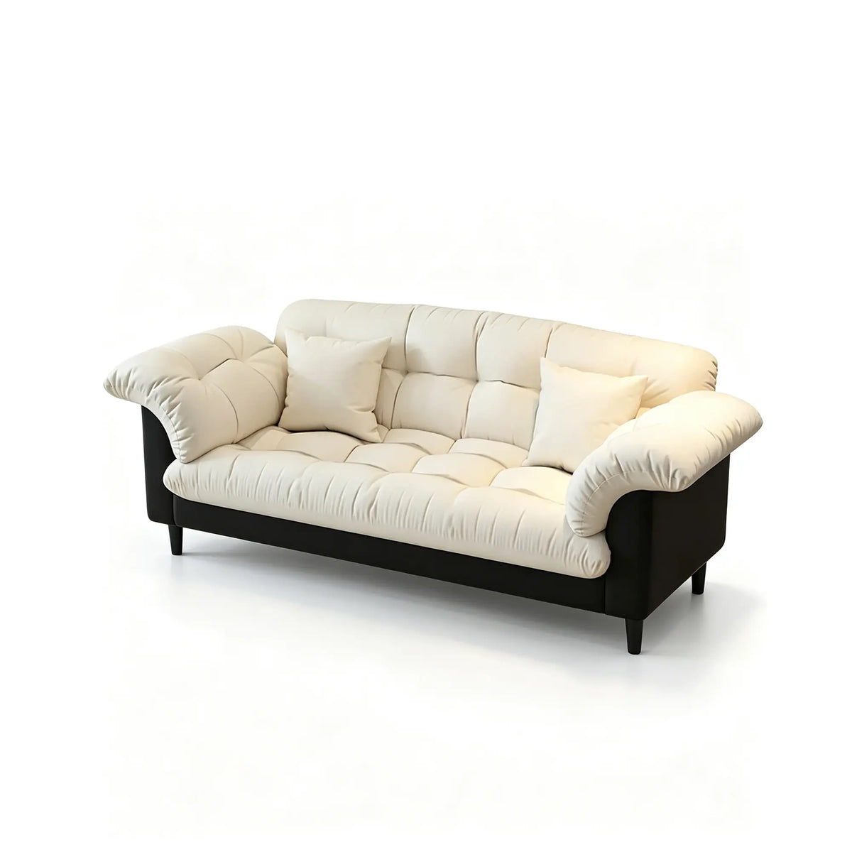 LIVARA 123/173cm Retro 2 Seater Sofa with Scratch Resistant Faux Leather, Deep Seat, Padded Armrests & Cushions - Cream & Black