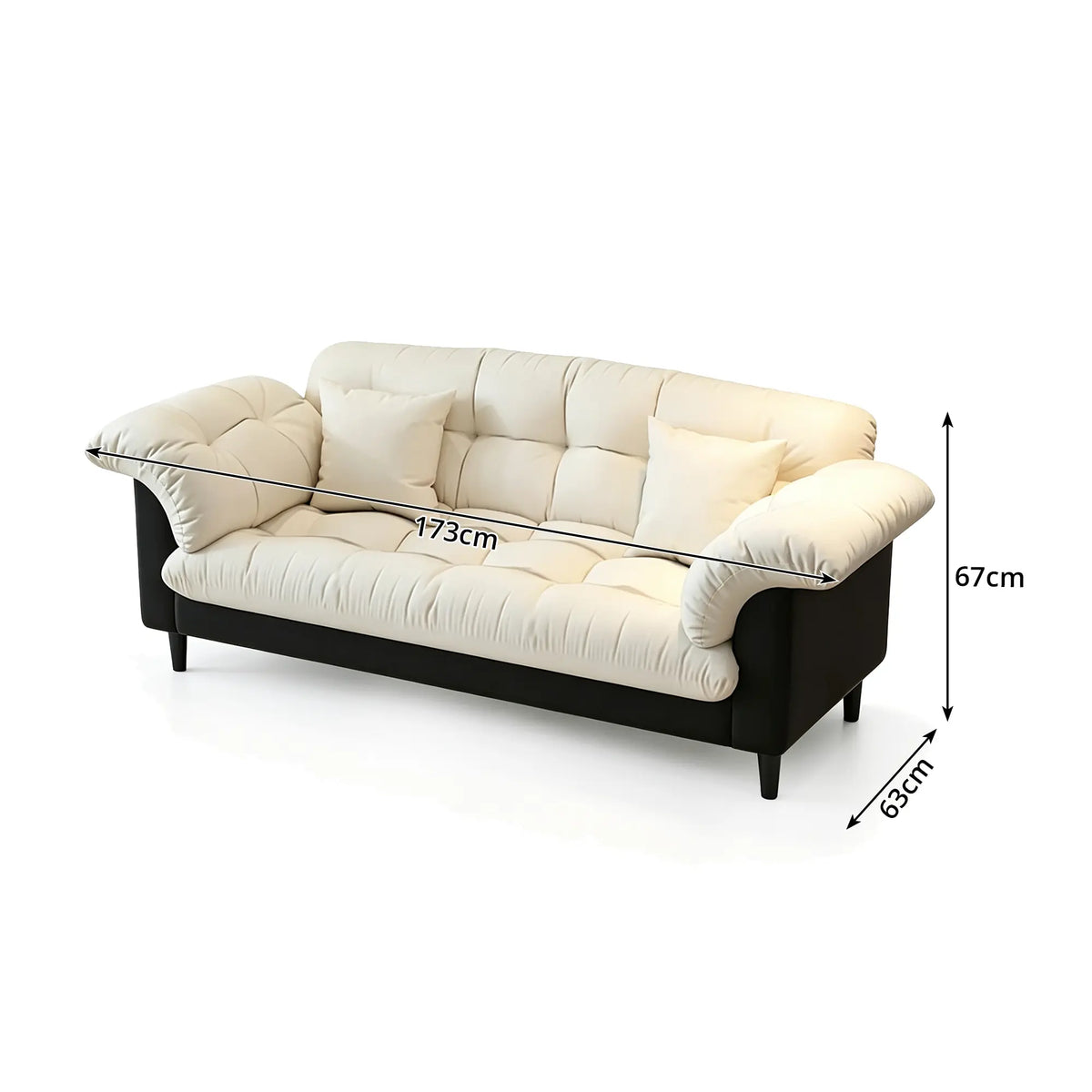 LIVARA 123/173cm Retro 2 Seater Sofa with Scratch Resistant Faux Leather, Deep Seat, Padded Armrests & Cushions - Cream & Black