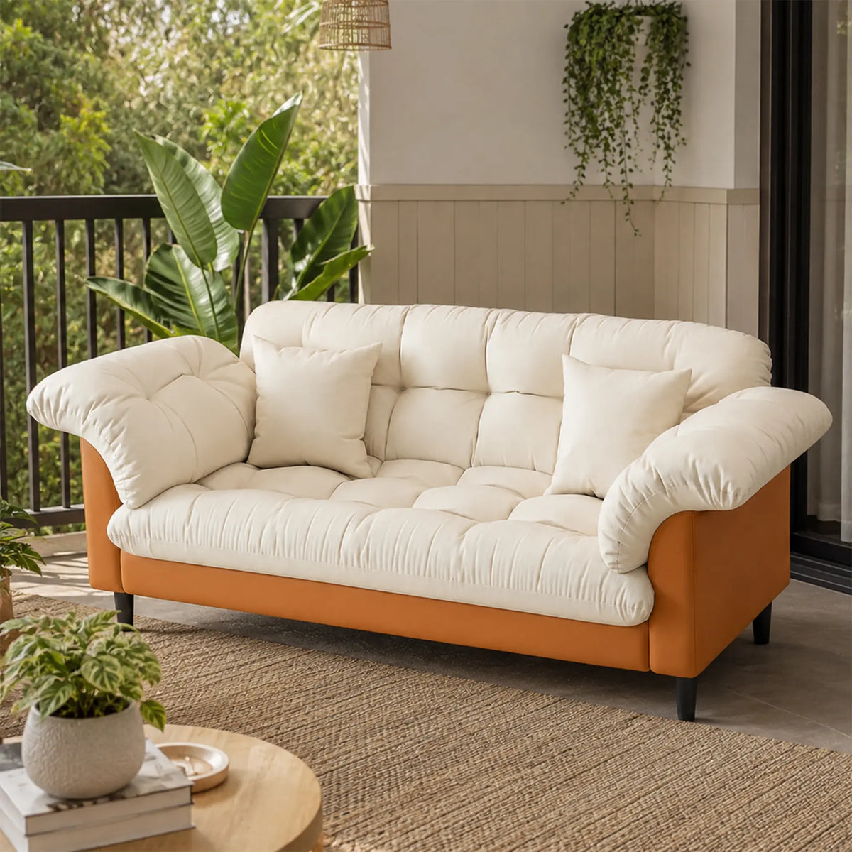 LIVARA 123/173cm Retro 2 Seater Sofa with Scratch Resistant Faux Leather, Deep Seat, Padded Armrests & Cushions - Cream & Orange