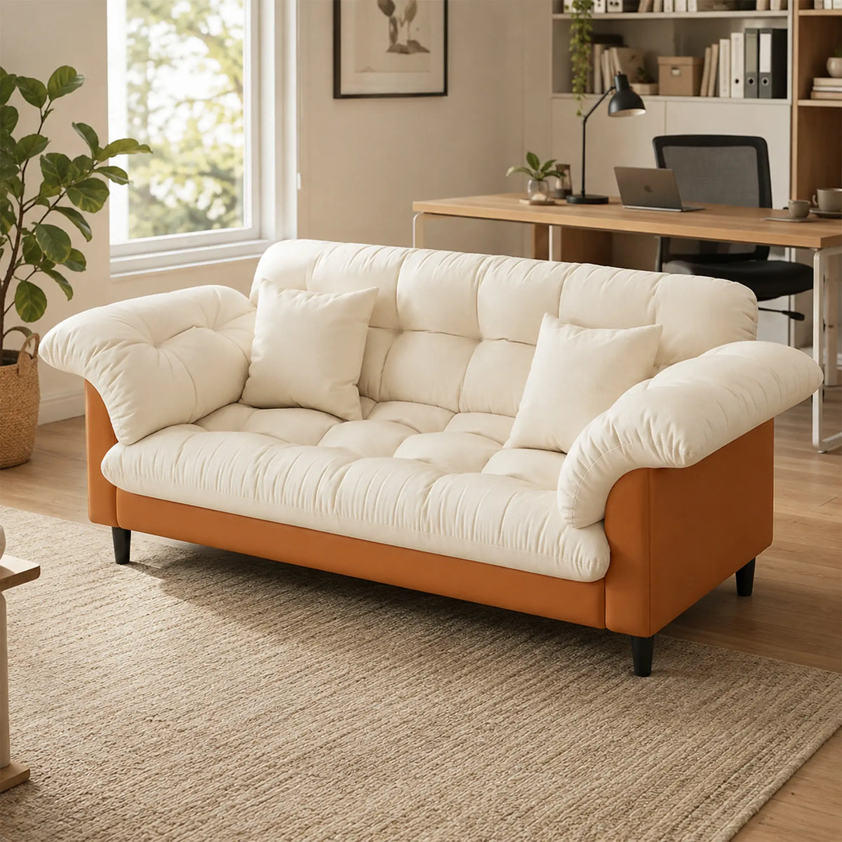 LIVARA 123/173cm Retro 2 Seater Sofa with Scratch Resistant Faux Leather, Deep Seat, Padded Armrests & Cushions - Cream & Orange