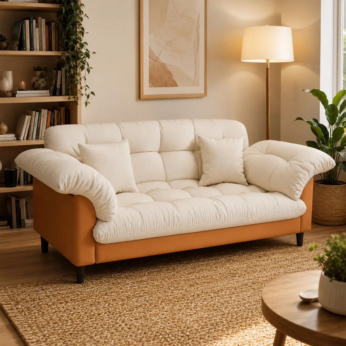 LIVARA 123/173cm Retro 2 Seater Sofa with Scratch Resistant Faux Leather, Deep Seat, Padded Armrests & Cushions - Cream & Orange