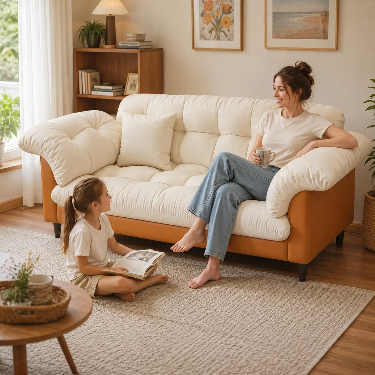 LIVARA 123/173cm Retro 2 Seater Sofa with Scratch Resistant Faux Leather, Deep Seat, Padded Armrests & Cushions - Cream & Orange