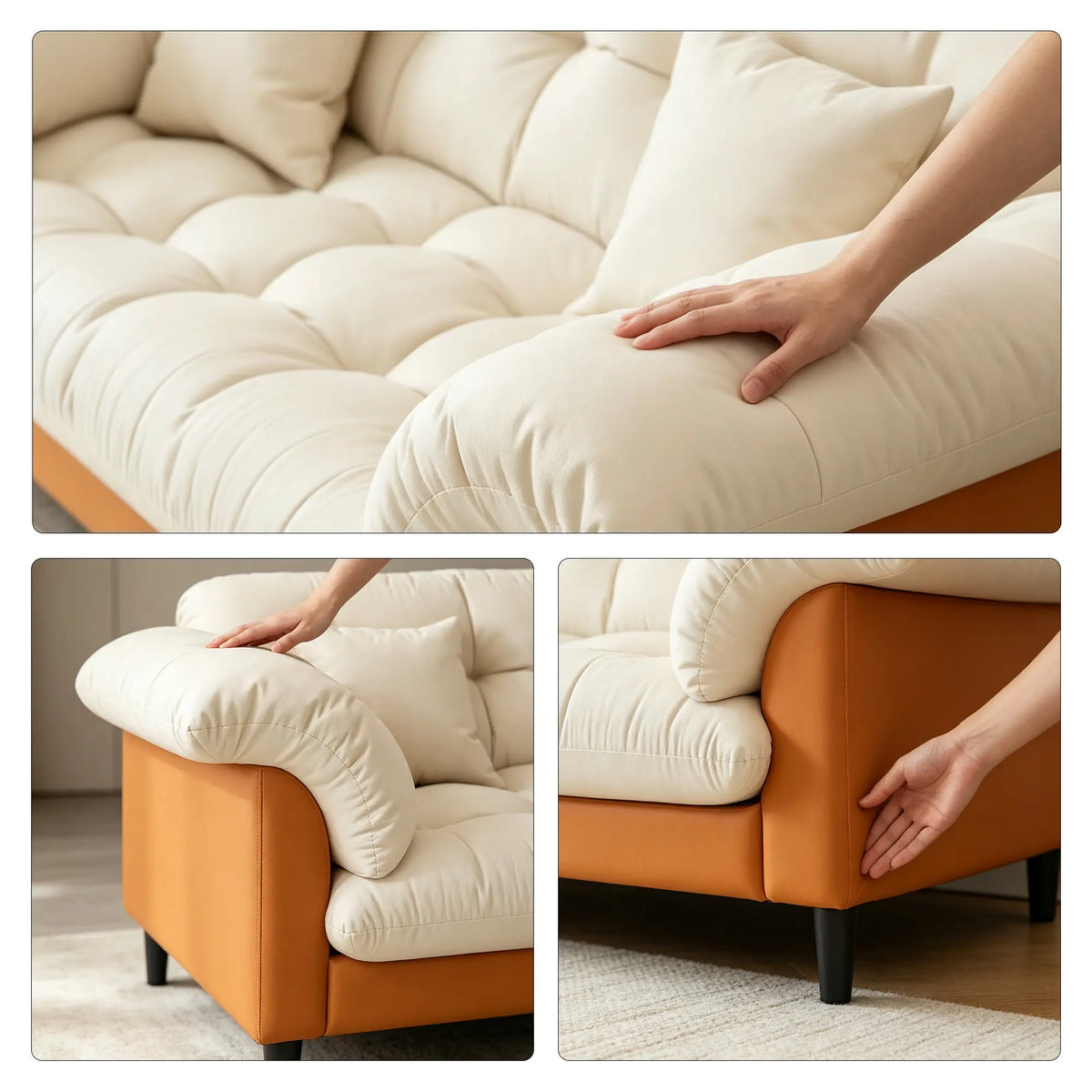 LIVARA 123/173cm Retro 2 Seater Sofa with Scratch Resistant Faux Leather, Deep Seat, Padded Armrests & Cushions - Cream & Orange