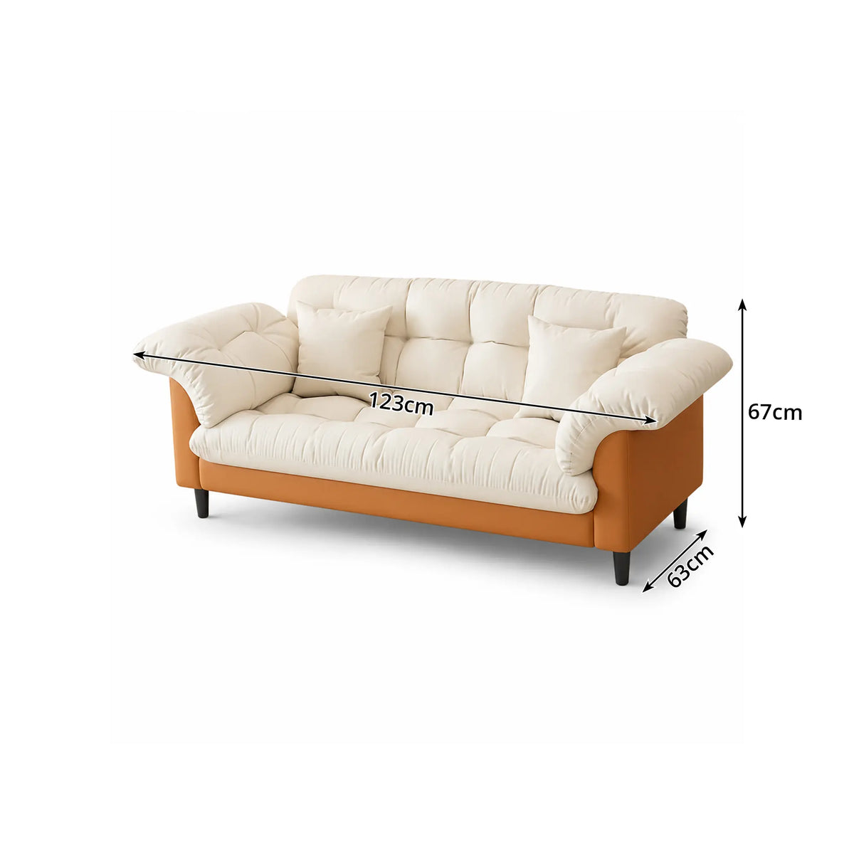 LIVARA 123/173cm Retro 2 Seater Sofa with Scratch Resistant Faux Leather, Deep Seat, Padded Armrests & Cushions - Cream & Orange